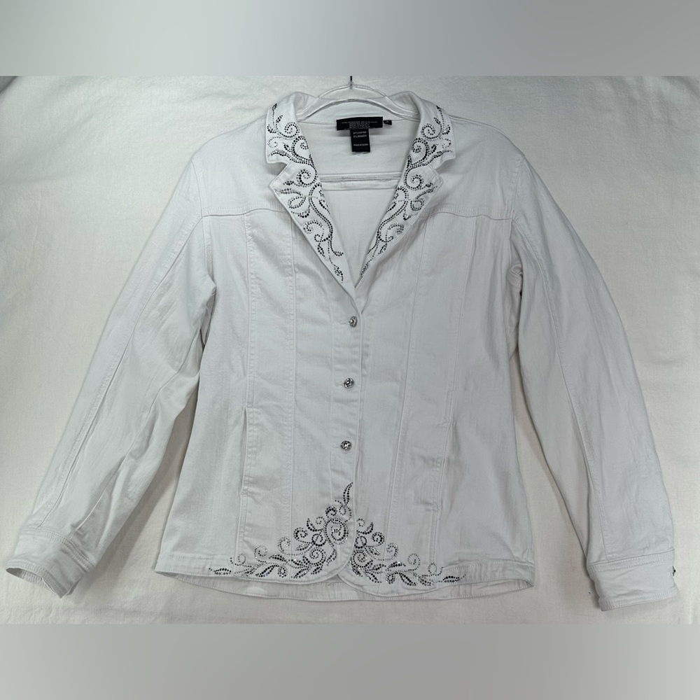 Christine Alexander Rhinestone White Denim Jean Jacket Coat‎ Women's Small
